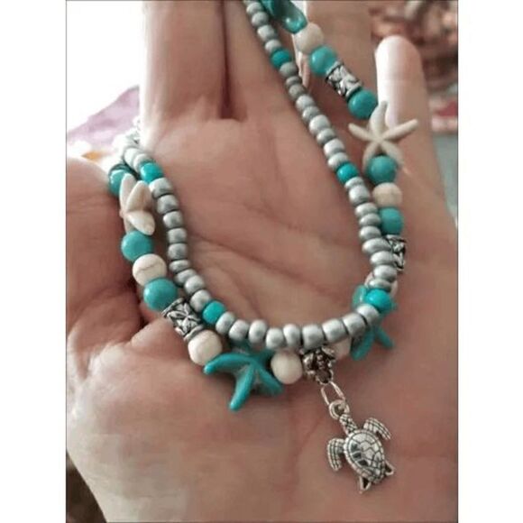 TURQUOISE SILVER AND WHITE BEADED STARFISH TURTLE MULTILAYER ANKLET - Picture 5 of 6